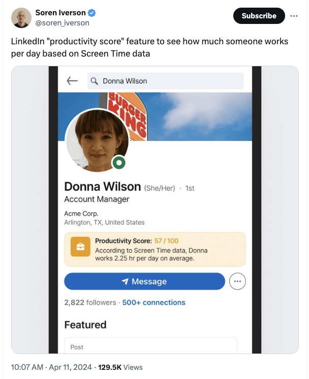 web page - Soren Iverson Subscribe LinkedIn "productivity score" feature to see how much someone works per day based on Screen Time data Donna Wilson Er Ing Donna Wilson SheHer 1st Account Manager Acme Corp. Arlington, Tx, United States Productivity Score